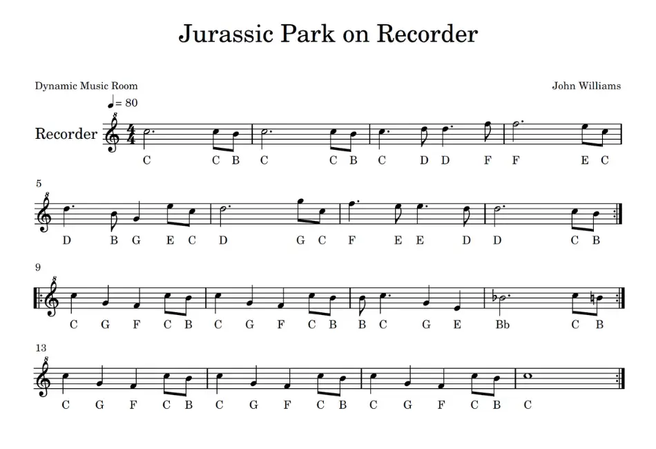 jurassic park on recorder sheet music